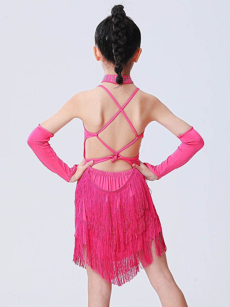 Robe de Danse Latine pour Enfants, Tenue de Danse à Pompons, Drapée Sur le Côté, Sans Manches, en Polyester, pour Filles
