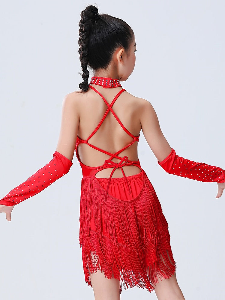 Robe de Danse Latine pour Enfants, Tenue de Danse à Pompons, Drapée Sur le Côté, Sans Manches, en Polyester, pour Filles