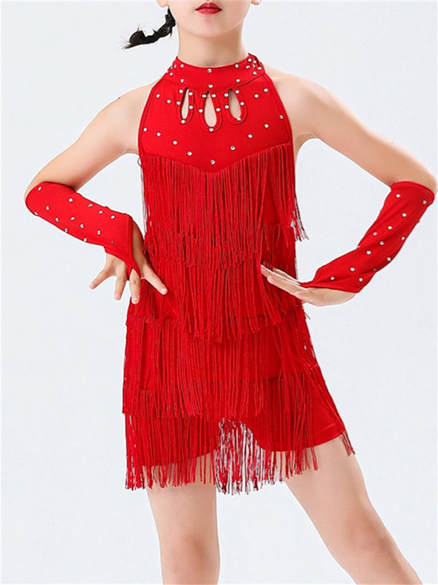 Robe de Danse Latine pour Enfants, Tenue de Danse en Cristal/Strass, Sans Manches, en Polyester, pour Filles