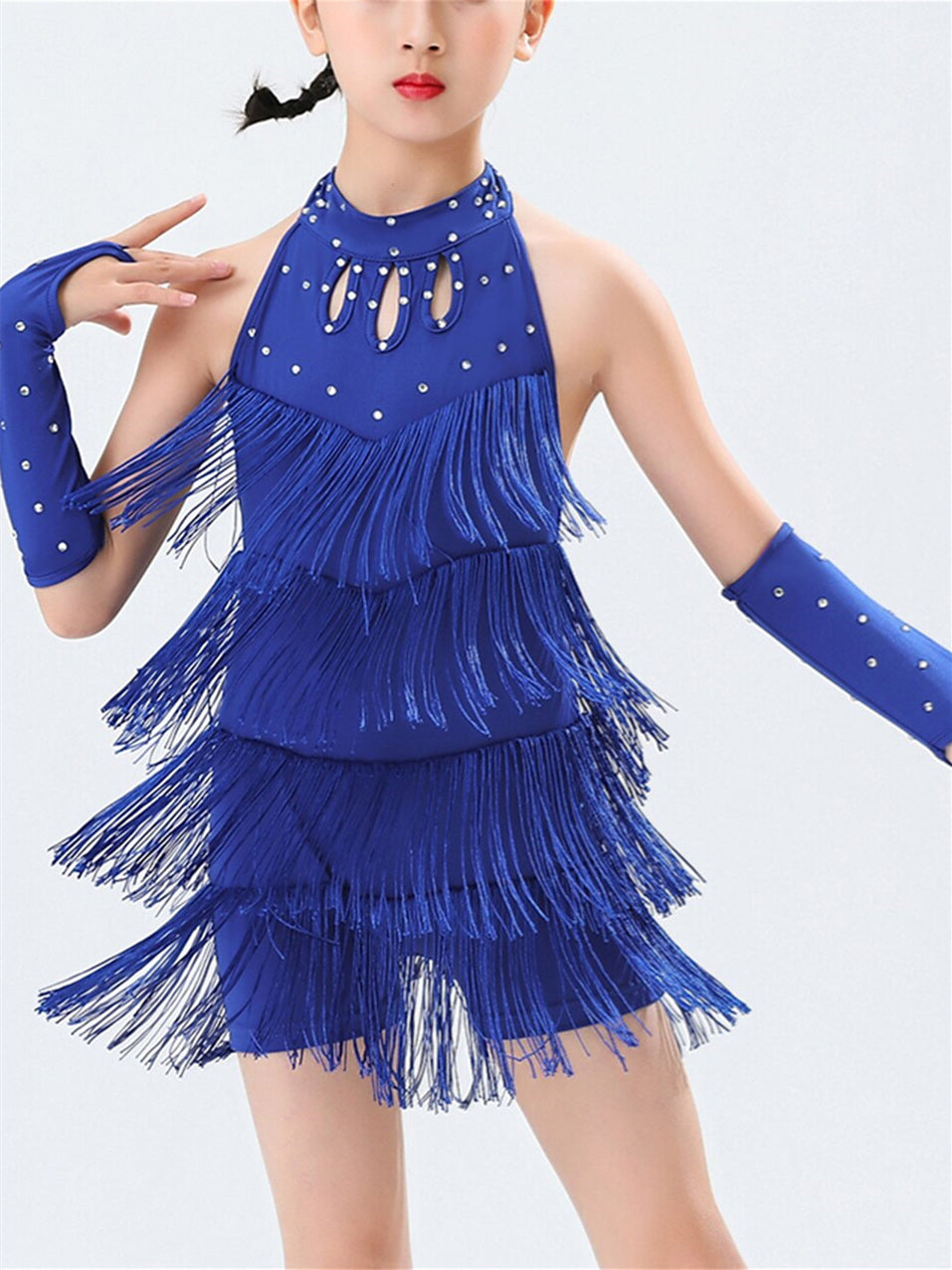 Robe de Danse Latine pour Enfants, Tenue de Danse en Cristal/Strass, Sans Manches, en Polyester, pour Filles