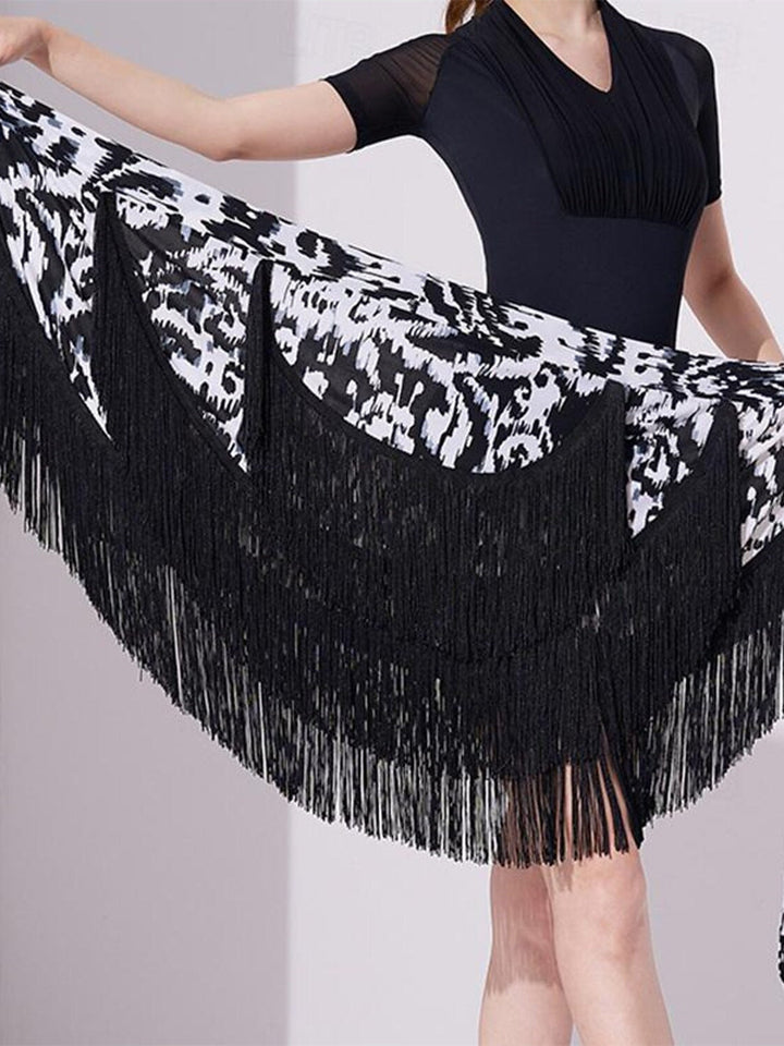 Jupes de Danse de Salon de Danse Latine pour Femmes, Impression de Pompons, Couleur Pure, Performance Féminine, Haute Qualité, Polyester