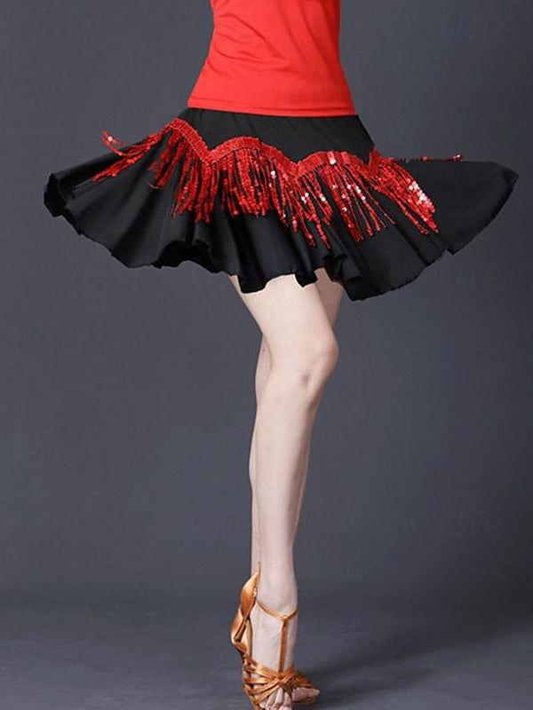Jupes de Danse de Salon de Danse Latine pour Femmes, Pompon, Épissage de Couleur Pure, Performance Féminine