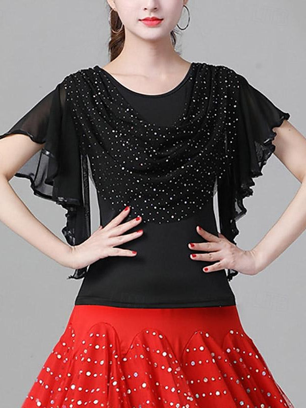 Haut de Danse de Salon Latine pour Femmes, Volants, Épissure de Couleur Pure, Performance pour Femmes, Manches Courtes