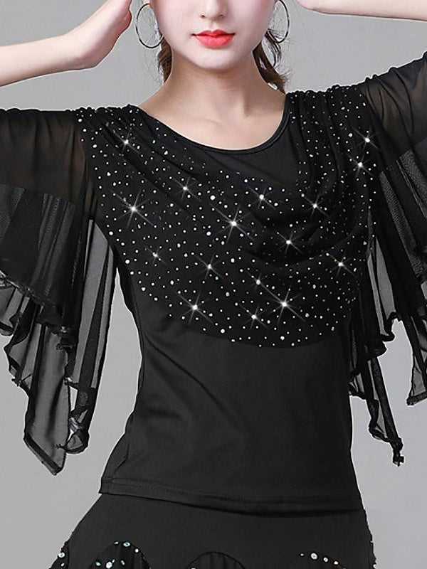 Haut de Danse de Salon Latine pour Femmes, Volants, Épissure de Couleur Pure, Performance pour Femmes, Manches Courtes