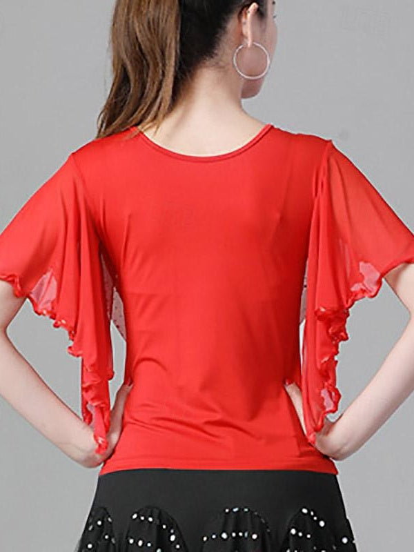 Haut de Danse de Salon Latine pour Femmes, Volants, Épissure de Couleur Pure, Performance pour Femmes, Manches Courtes