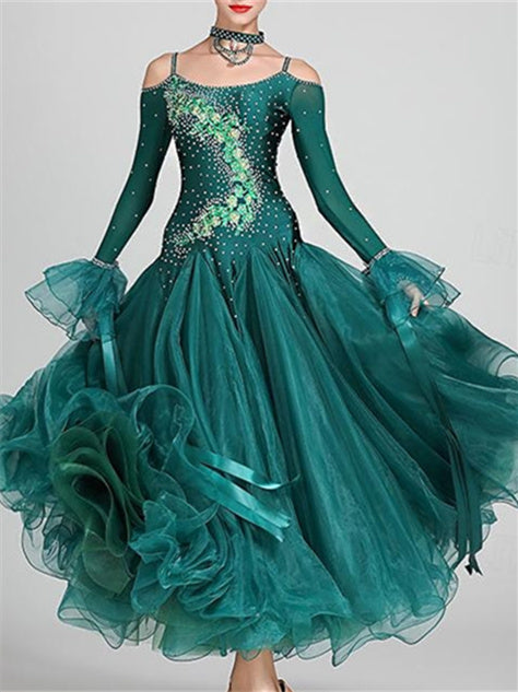 Robe de Danse de Salon pour Femmes, Robe de Danse de Salon en Tulle Strass, Performance pour Femmes, Manches Longues, Polyester