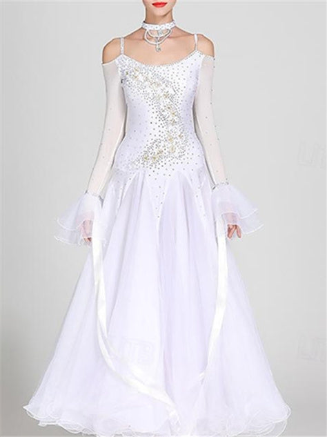 Robe de Danse de Salon pour Femmes, Robe de Danse de Salon en Tulle Strass, Performance pour Femmes, Manches Longues, Polyester
