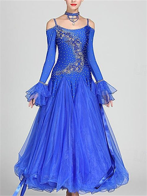 Robe de Danse de Salon pour Femmes, Robe de Danse de Salon en Tulle Strass, Performance pour Femmes, Manches Longues, Polyester