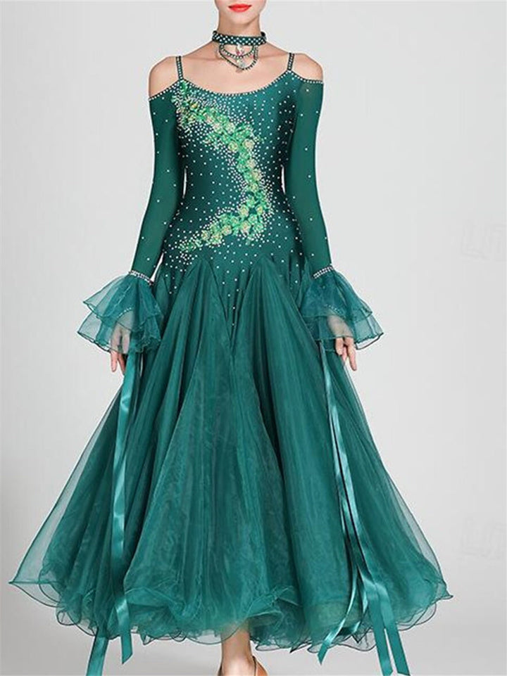 Robe de Danse de Salon pour Femmes, Robe de Danse de Salon en Tulle Strass, Performance pour Femmes, Manches Longues, Polyester