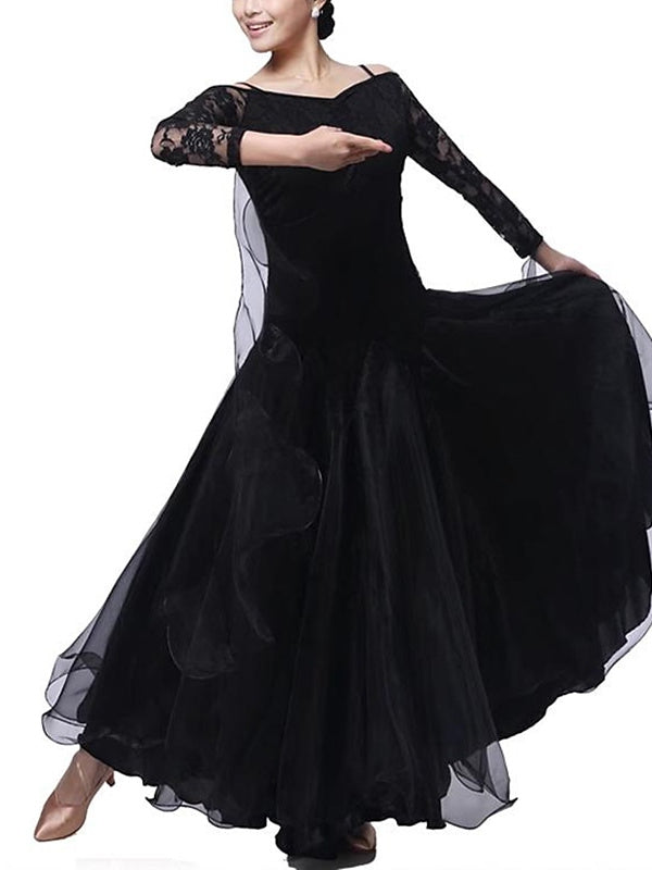 Robe de Danse de Salon pour Femmes, Vêtements de Danse, Dentelle, Épissure de Couleur Pure, Performance, Fête