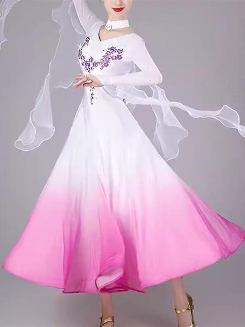Robe de Danse de Salon pour Femmes, Broderie, Cristaux/Strass, Manches Longues, pour Spectacle, pour Femmes
