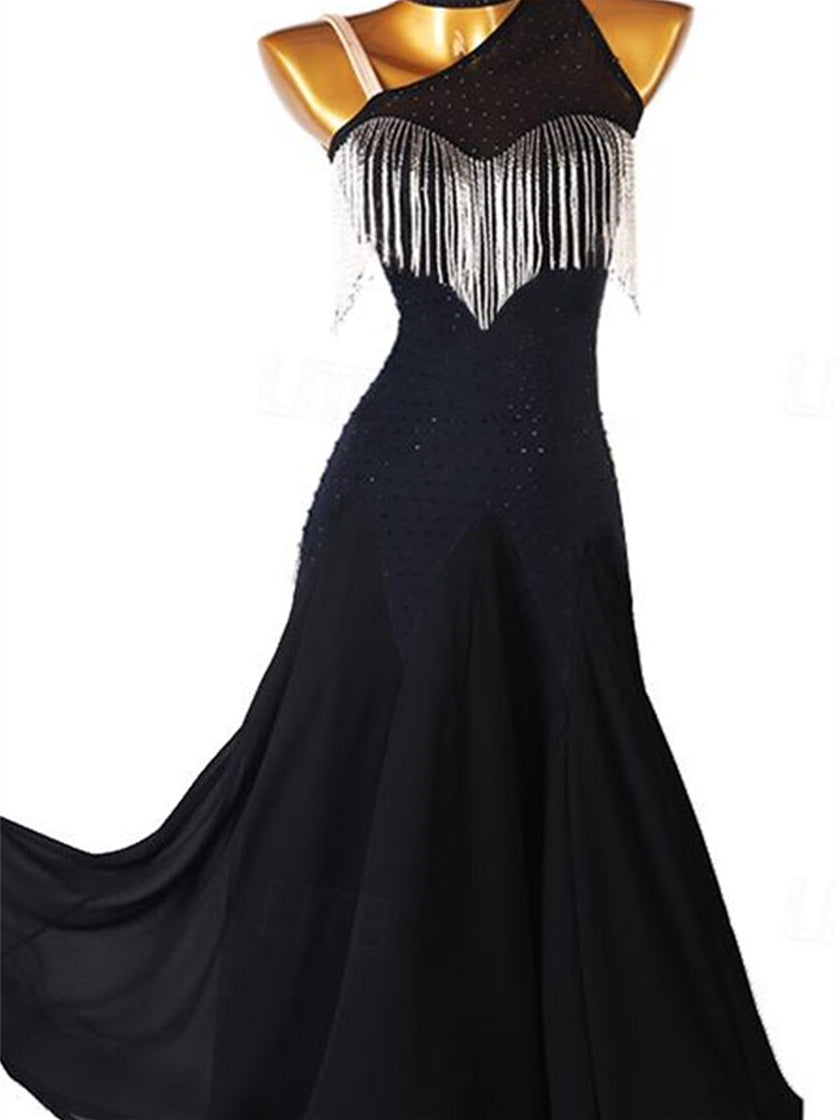 Robe de Danse de Salon pour Femmes, Robe de Danse de Salon, Strass, Pompon, Paillettes, Spectacle pour Femmes, Fête, Sans Manches