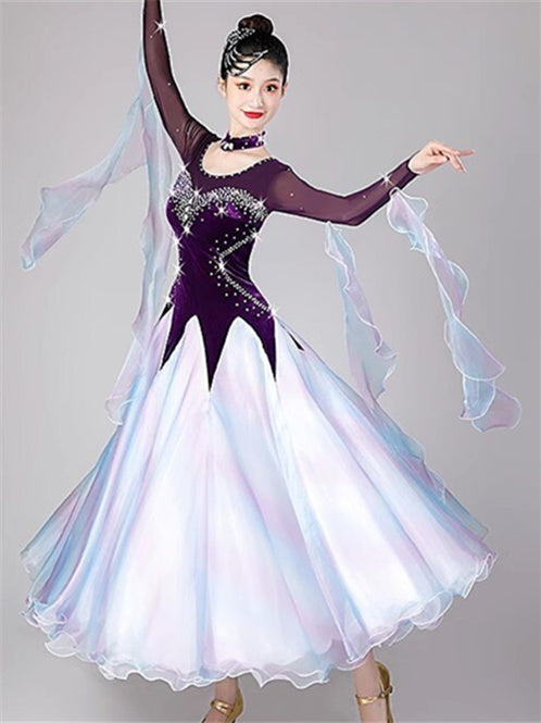 Robe de Danse de Salon pour Femmes avec Cristaux/Strass et Manches Longues pour Femmes