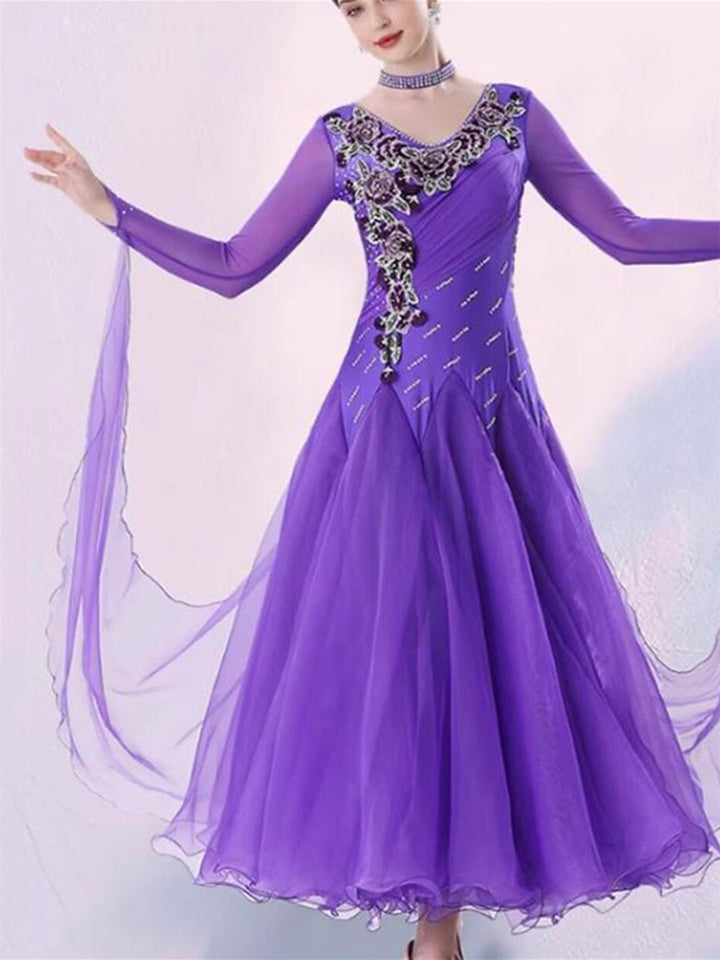 Robe de Danse de Salon pour Femmes, Broderie, Cristaux/Strass, Manches Longues, pour Spectacle, pour Femmes