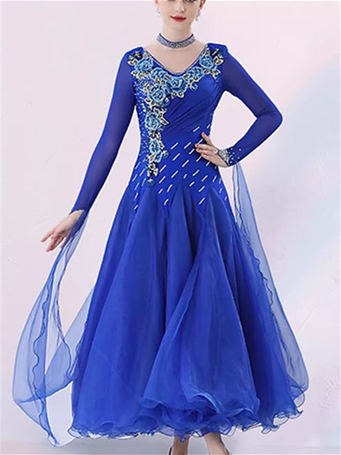 Robe de Danse de Salon pour Femmes, Broderie, Cristaux/Strass, Manches Longues, pour Spectacle, pour Femmes