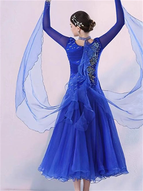 Robe de Danse de Salon pour Femmes, Broderie, Cristaux/Strass, Manches Longues, pour Spectacle, pour Femmes