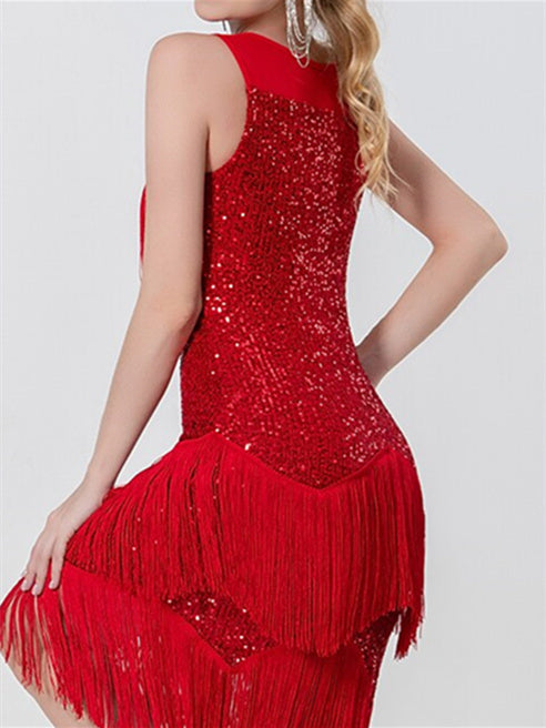 Vêtements de Danse pour Femmes, Robe de Danse Latine, Pompon, Épissure de Couleur Pure, Entraînement de Performance pour Femmes, Sans Manches