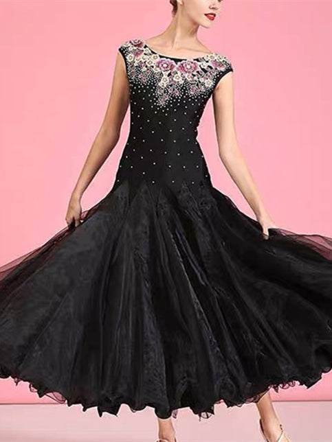 Robe de Danse de Salon pour Femmes, Broderies de Cristaux/Strass, Performance Sans Manches pour Femmes
