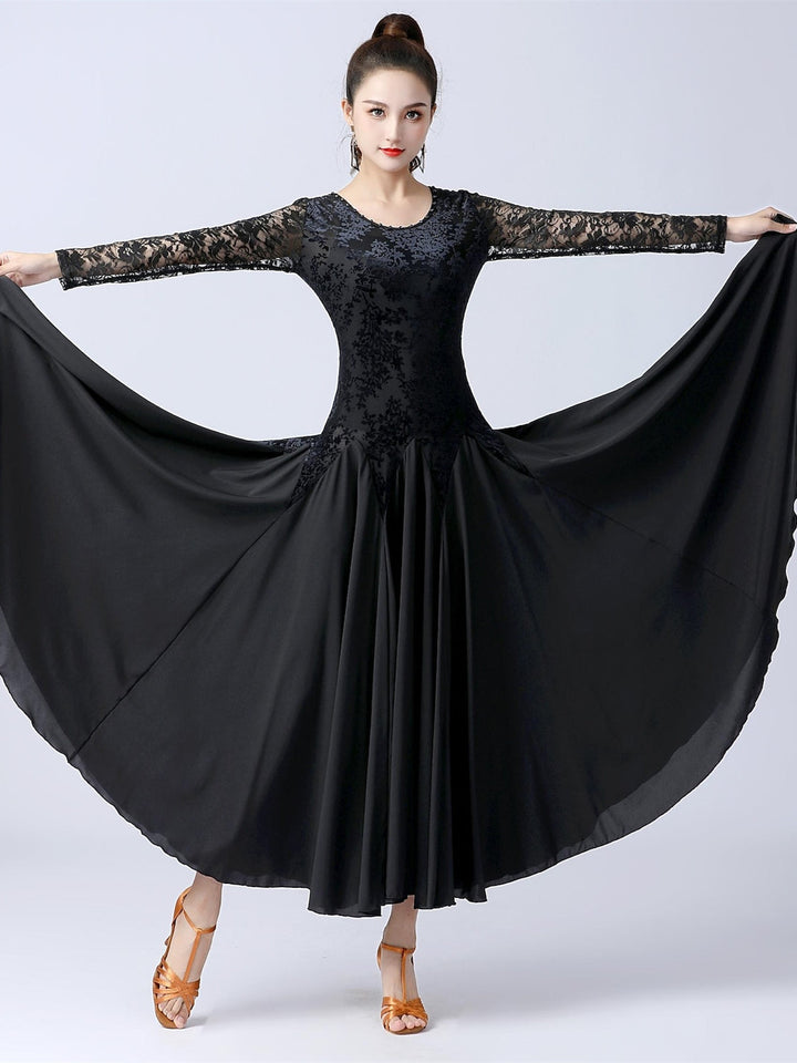 Vêtements de Danse pour Femmes Robe de Danse de Salon à Épissure Entraînement de Performance pour Femmes à Manches Longues