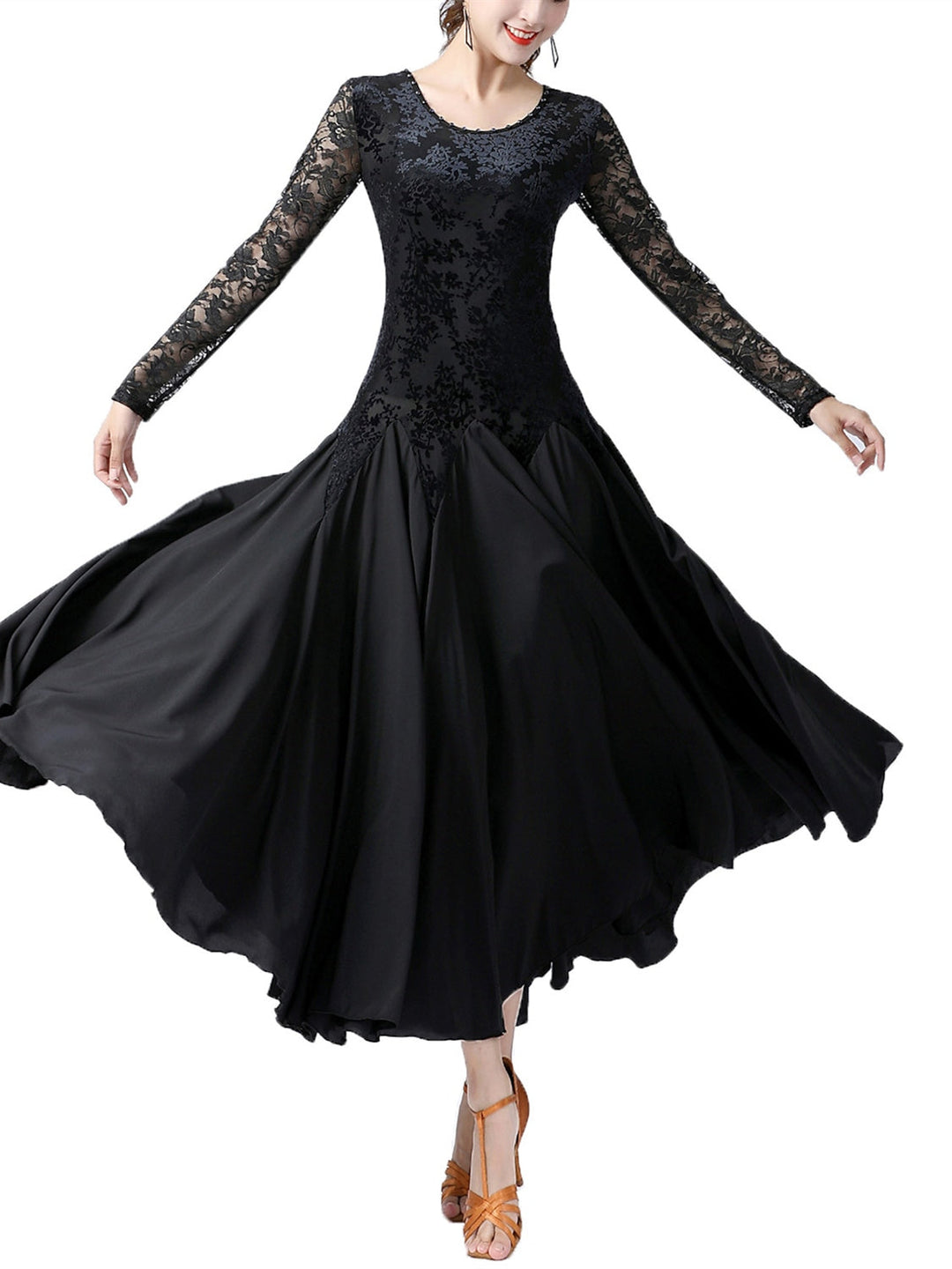 Vêtements de Danse pour Femmes Robe de Danse de Salon à Épissure Entraînement de Performance pour Femmes à Manches Longues