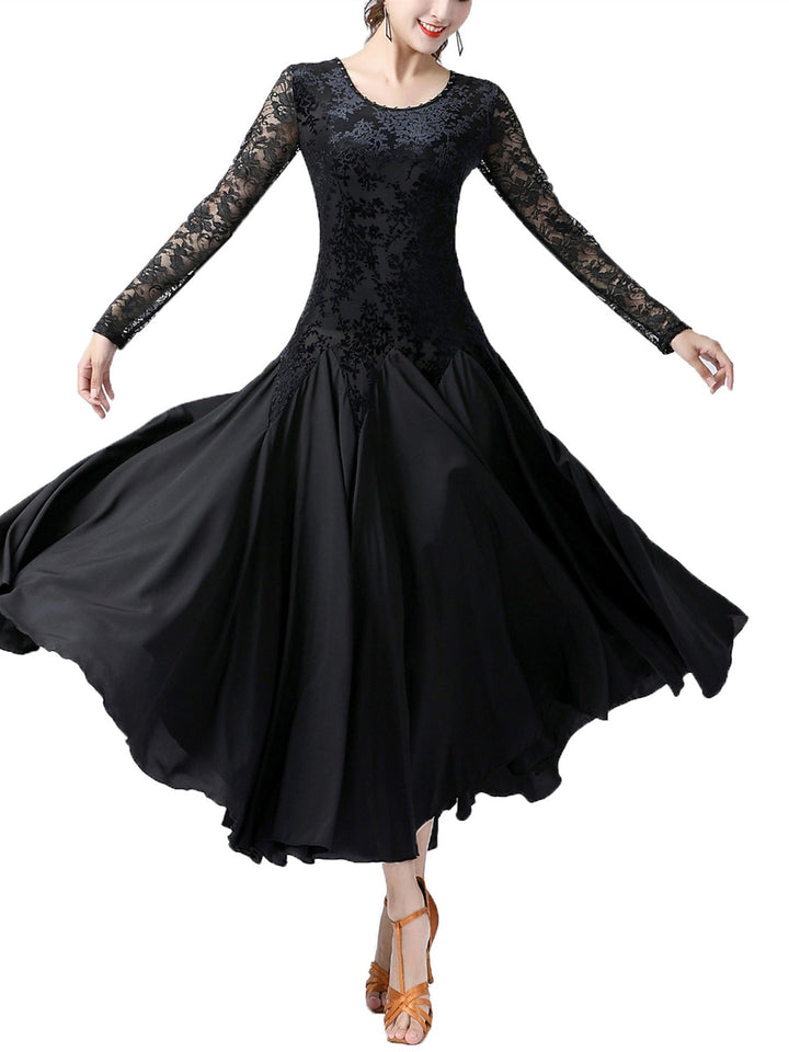 Vêtements de Danse pour Femmes Robe de Danse de Salon à Épissure Entraînement de Performance pour Femmes à Manches Longues