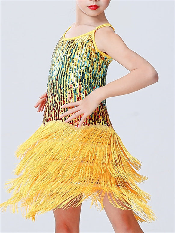 Robe de Danse pour Enfants, à Franges, Pompons, Couleur Unie, Sans Manches, en Polyester, à Paillettes, pour Filles