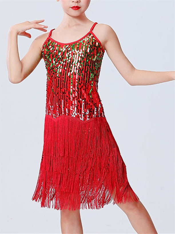 Robe de Danse pour Enfants, à Franges, Pompons, Couleur Unie, Sans Manches, en Polyester, à Paillettes, pour Filles