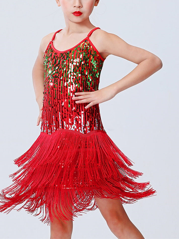 Robe de Danse pour Enfants, à Franges, Pompons, Couleur Unie, Sans Manches, en Polyester, à Paillettes, pour Filles