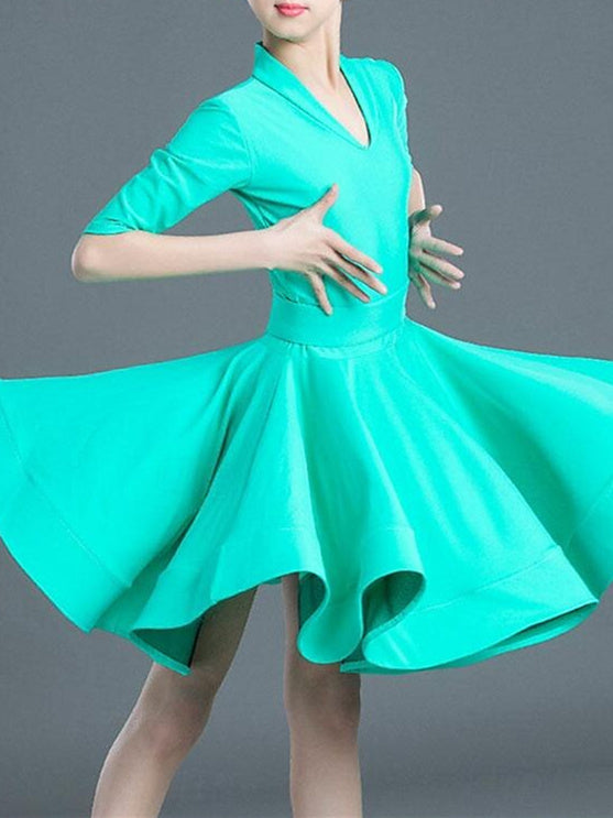 Robe de Danse Latine pour Enfants, Couleur Unie, Manches Mi-Longues, pour Filles, Performance et Polyester