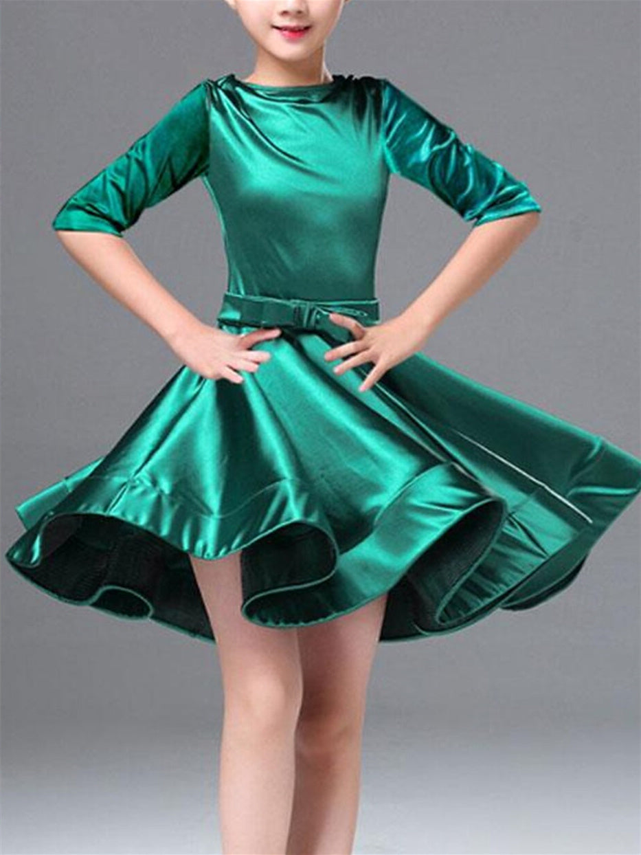 Robe de Danse Latine pour Enfants, Couleur Unie, Col Rond, Demi-Manches, Performance pour Filles, Polyester