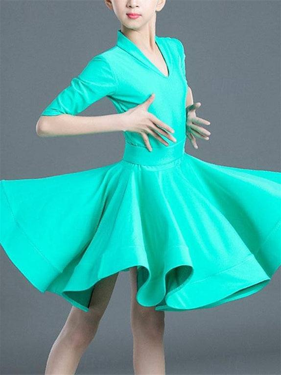 Robe de Danse Latine pour Enfants, Couleur Unie, Demi-Manches, en Polyester, pour Filles