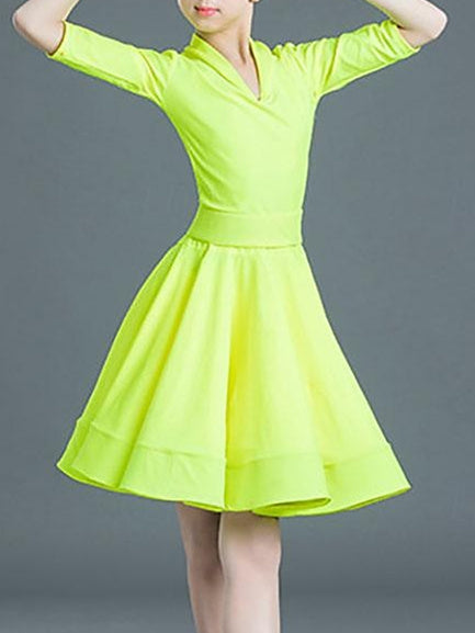 Robe de Danse Latine pour Enfants, Couleur Unie, Demi-Manches, en Polyester, pour Filles