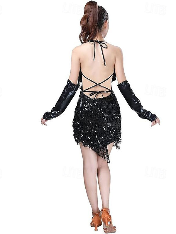 Robe de Danse Latine à Paillettes et Pompons pour Femmes, Robes de Soirée avec Gants