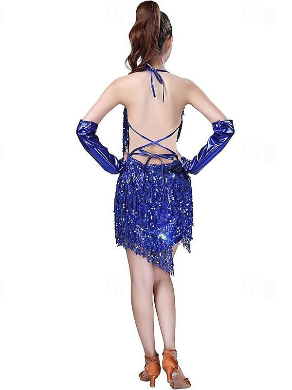 Robe de Danse Latine à Paillettes et Pompons pour Femmes, Robes de Soirée avec Gants