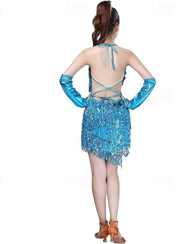 Robe de Danse Latine à Paillettes et Pompons pour Femmes, Robes de Soirée avec Gants