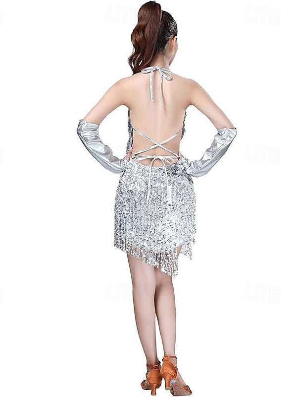 Robe de Danse Latine à Paillettes et Pompons pour Femmes, Robes de Soirée avec Gants