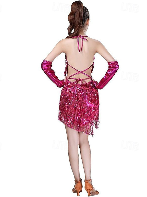 Robe de Danse Latine à Paillettes et Pompons pour Femmes, Robes de Soirée avec Gants