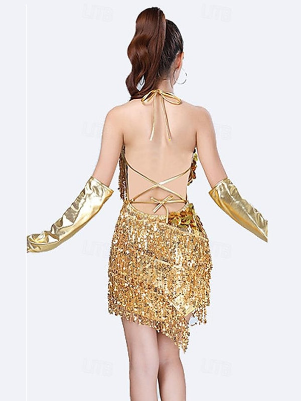 Robe de Danse Latine à Paillettes et Pompons pour Femmes, Robes de Soirée avec Gants