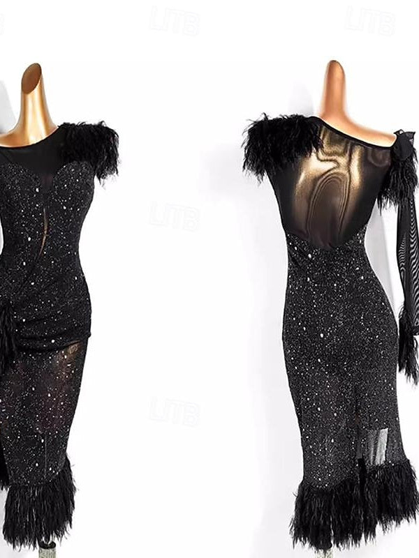 Robe de Danse de Salon Latine à Pompons, Épissure de Couleur Pure, Entraînement de Performance pour Femmes, Manches Longues