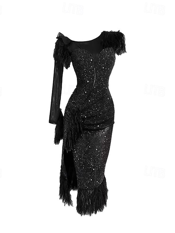 Robe de Danse de Salon Latine à Pompons, Épissure de Couleur Pure, Entraînement de Performance pour Femmes, Manches Longues