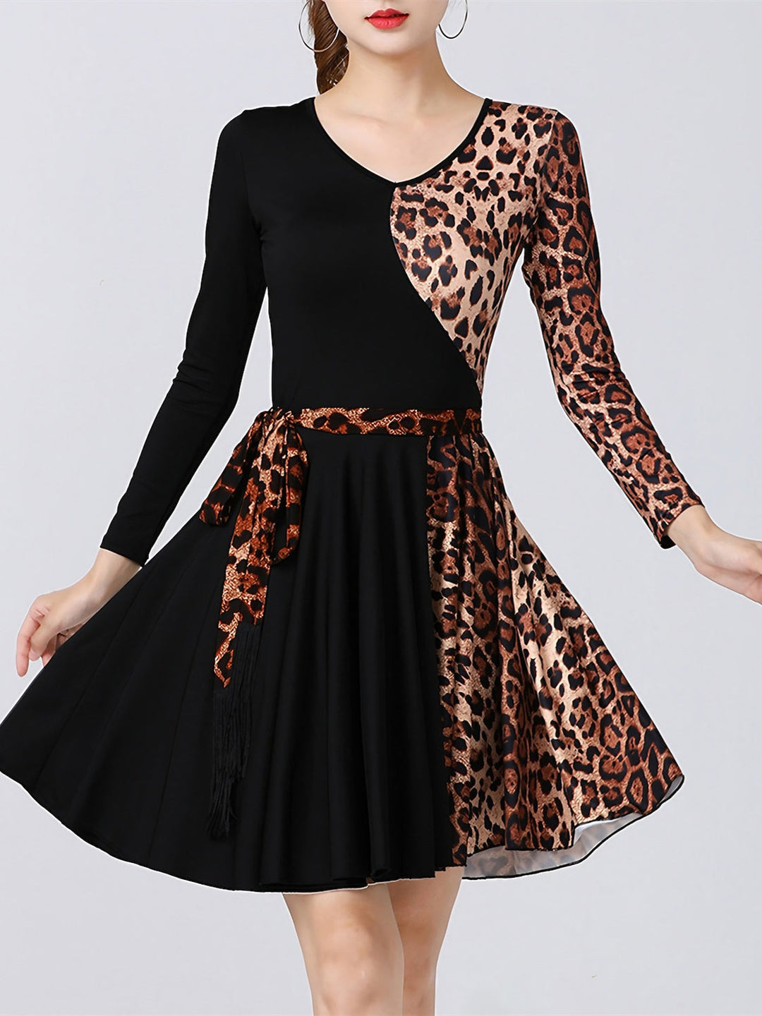 Robe de Danse Latine à Imprimé Léopard pour Femme, Tenue D'Entraînement à Manches Longues