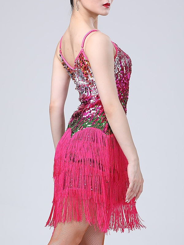 Robe de Danse Latine Dancewera pour Femmes, avec Pompons et Paillettes, pour Spectacle Sans Manches