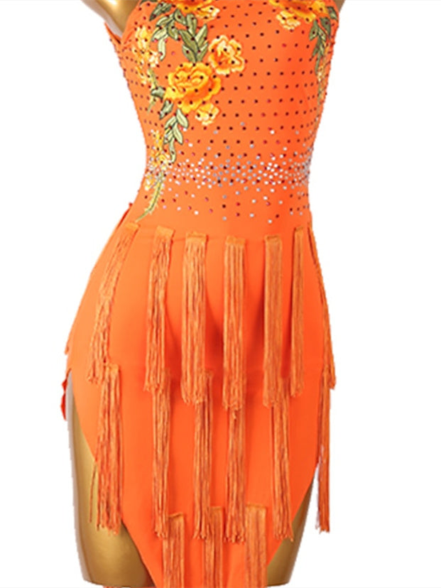 Robe de Danse Latine à Pampilles et Cristaux/Strass pour Femme, Tenue D'Entraînement Sans Manches en Élasthanne