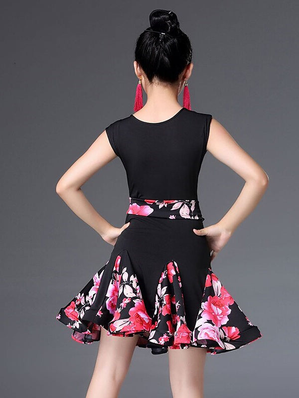 Robe de Danse Latine pour Enfants, Motif/Imprimé, Froncée, Fendue, Sans Manches, en Nylon, pour Filles