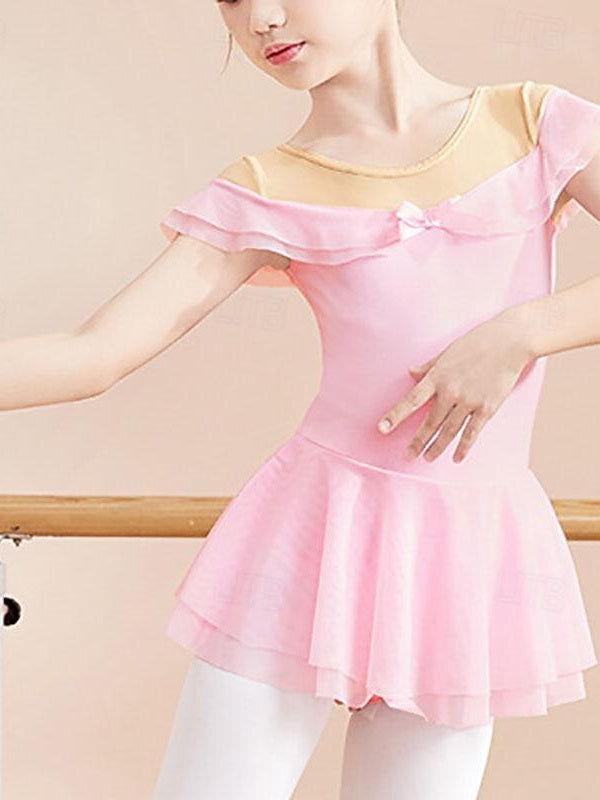 Vêtements de Danse pour Enfants, Nœud Papillon, Volants, Couleur Unie, Manches Courtes, Mélange de Coton, Performance pour Filles