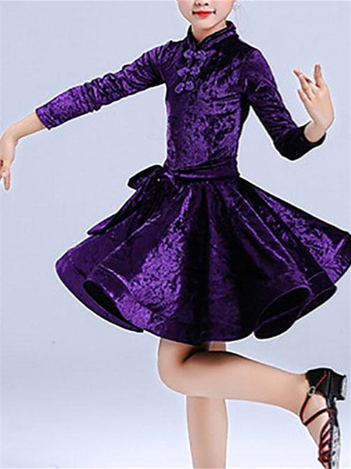 Robe de Danse Latine pour Enfants, Couleur Pure, Manches Longues, pour Filles, Performance et Térylène
