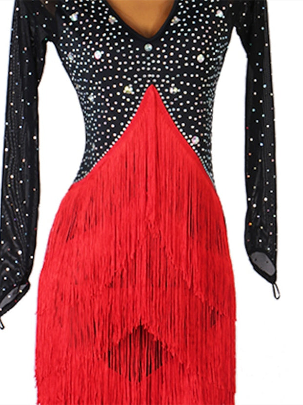 Robe de Danse Latine pour Femmes avec Cristaux et Strass à Pampilles et Manches Longues pour Femmes