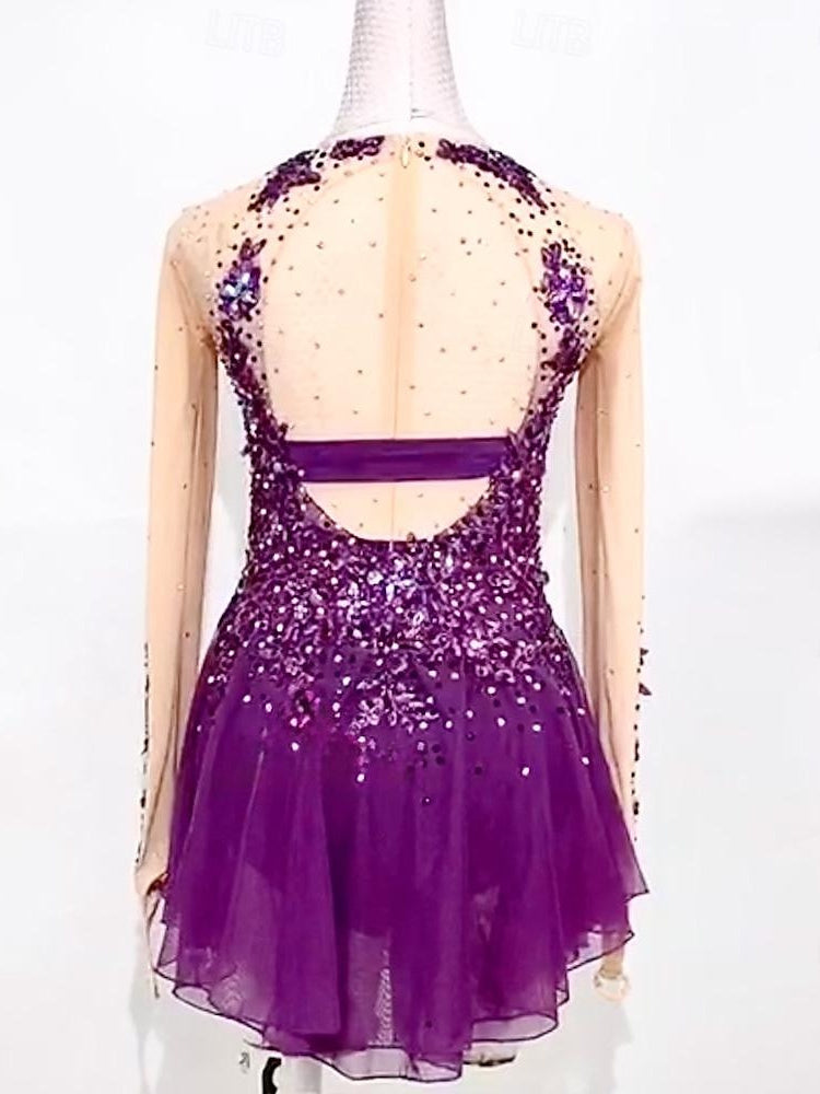 Robe de Patinage Artistique pour Femmes et Filles, Patchwork Violet Glacé, Maille à Trou pour le Pouce, Vêtements de Patinage à Haute Élasticité