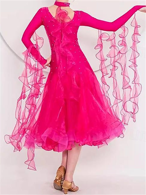 Robe de Danse de Salon pour Femmes, Vêtements de Danse de Valse Moderne, Robe de Danse à Manches Longues