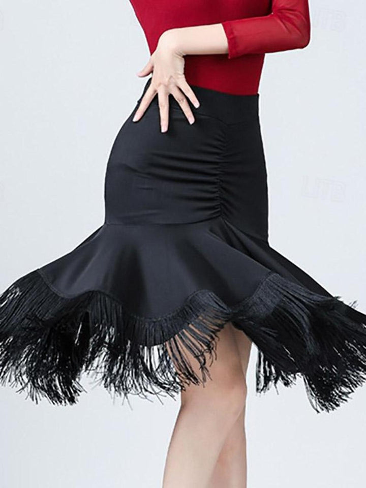 Jupes de Danse Latine à Pompons en Élasthanne à Haute Teneur en Couleur Pure pour Femmes